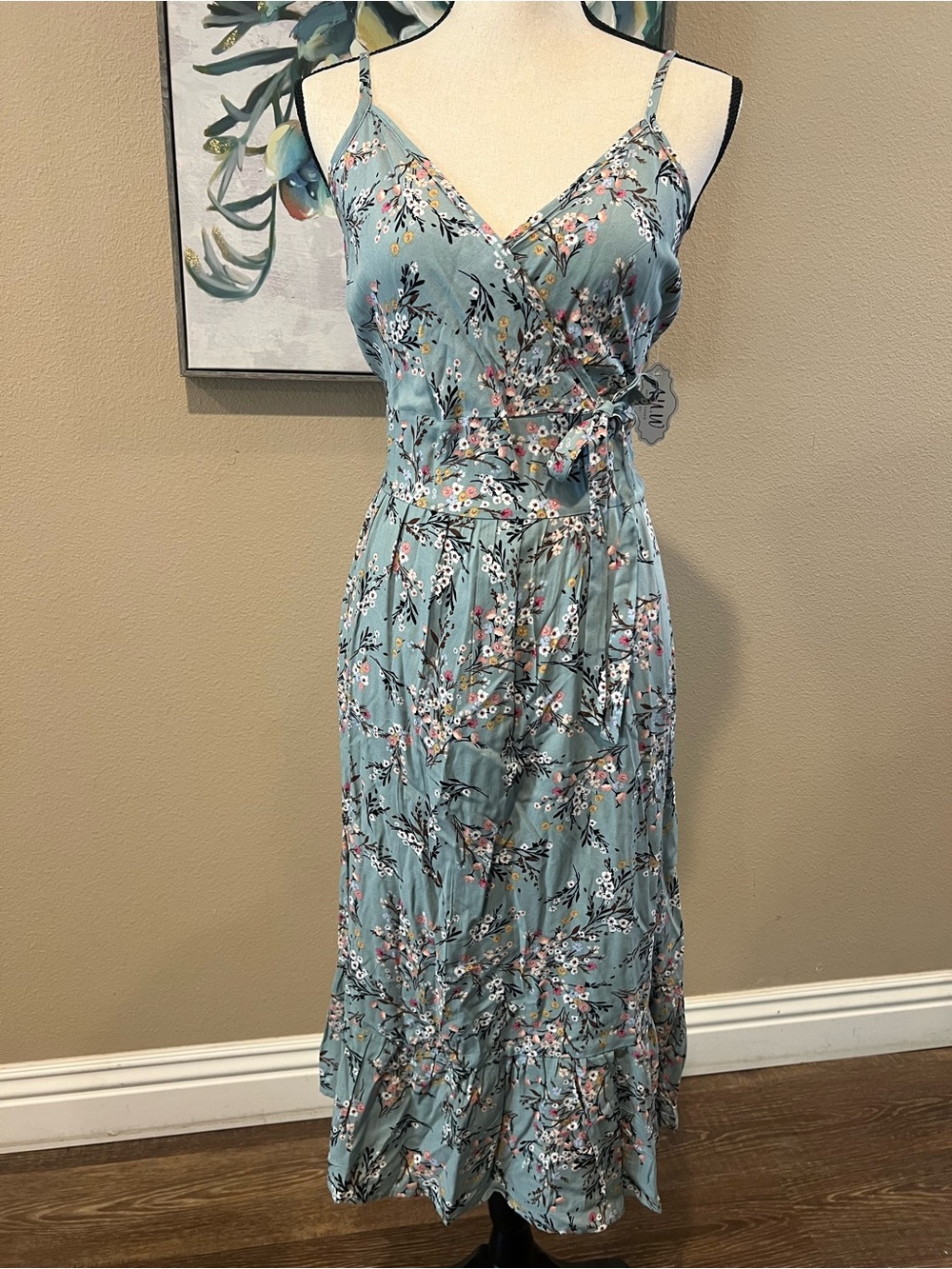 AUW Dusty Teal Floral Wrap Midi Dress